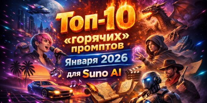 Обложка 16:9 для статьи Топ-10 «горячих» промптов января 2026 для Suno AI