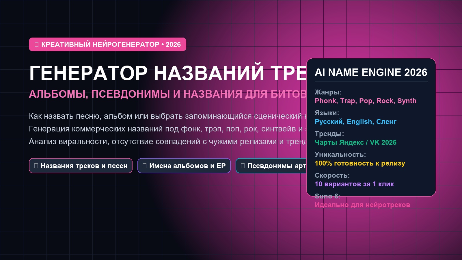 Генератор названий треков альбомов и псевдонимов 2026