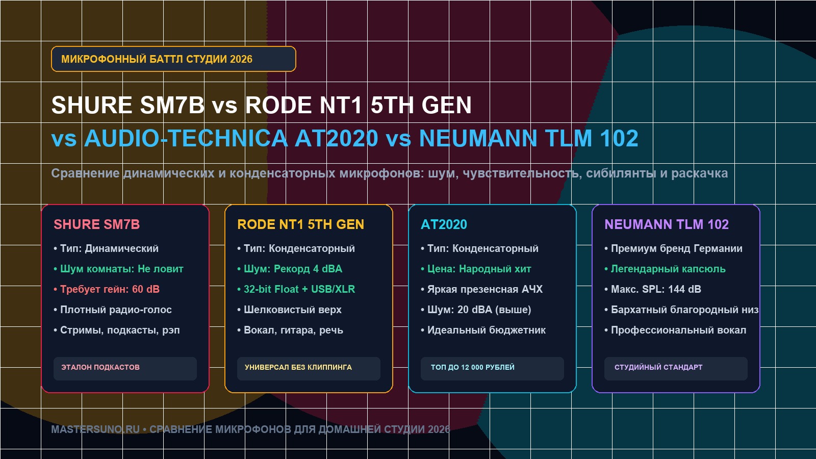Shure SM7B vs Rode NT1 vs AT2020 vs Neumann микрофоны 2026