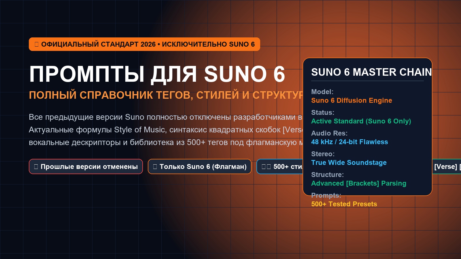 Промпты для Suno 6 2026 теги стили структура