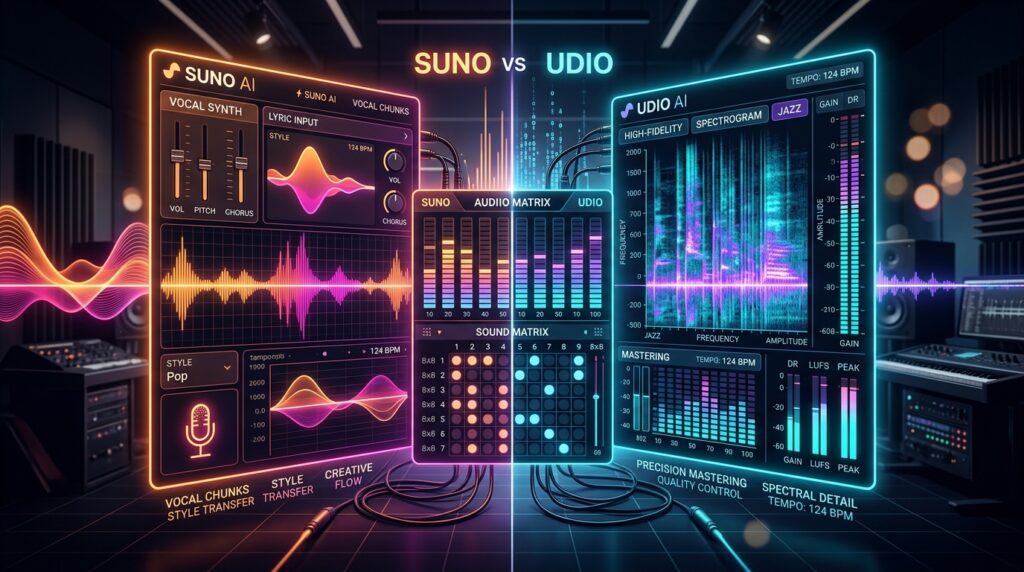 Сравнение интерфейсов и качества звука Suno AI и Udio AI